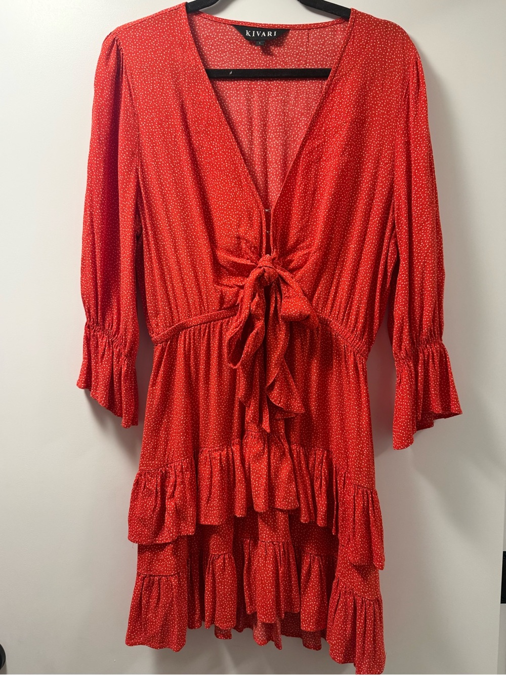 Kivari Red Dot Tie-Front Ruffle Tunic